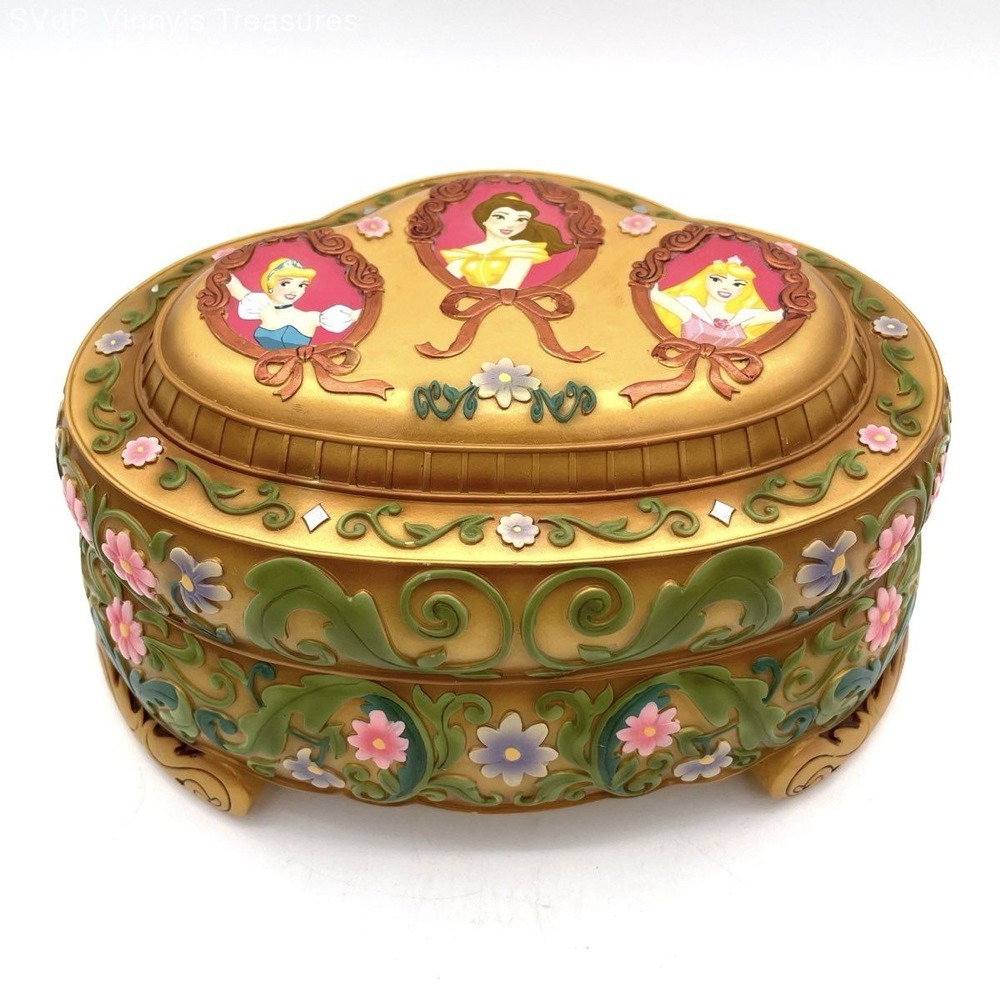 VTG Disney Princess Musical Jewelry Box Sankyo Beauty & Beast Cinderella Aurora